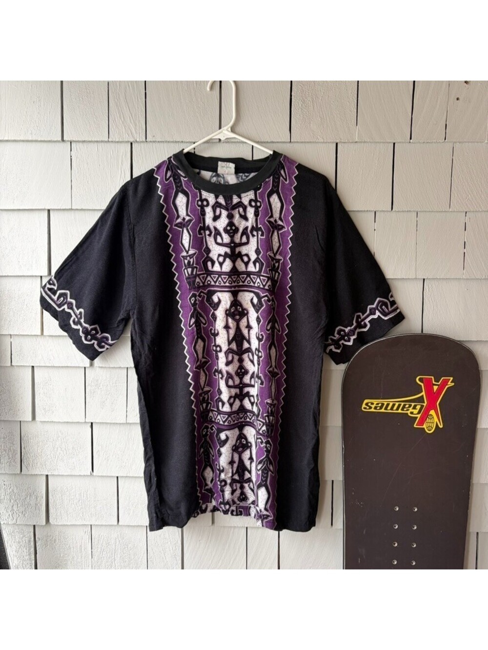 VTG AOP Ninari Batik Tee Fits Medium Black Purple Tribal 100% Rayon 90s Boho